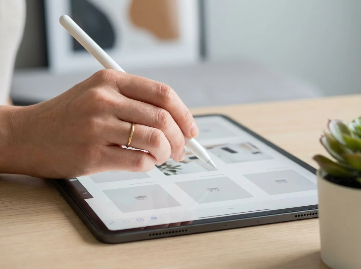 A person's hand with a golden ring uses a white stylus on a tablet displaying image thumbnails.