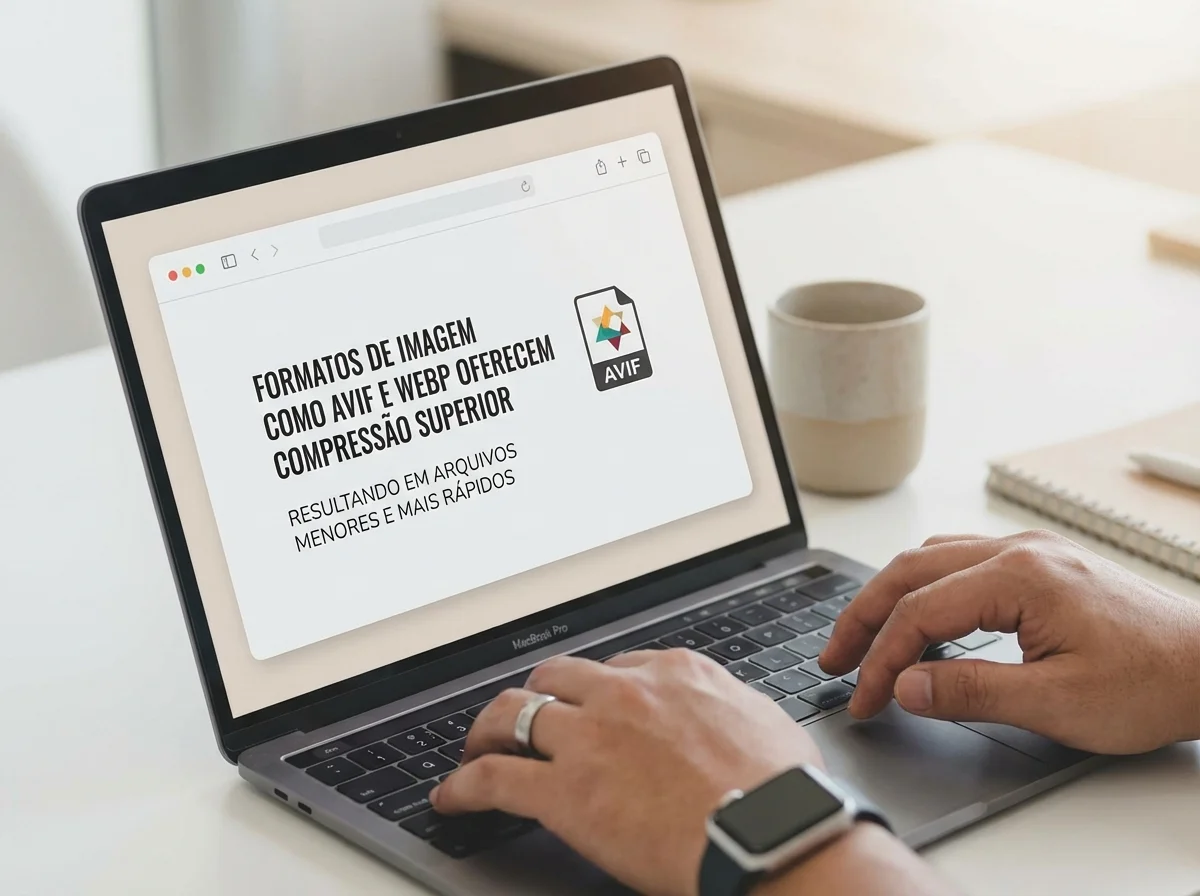 A person types on a MacBook Pro, displaying a browser window with information about AVIF and WebP image formats.