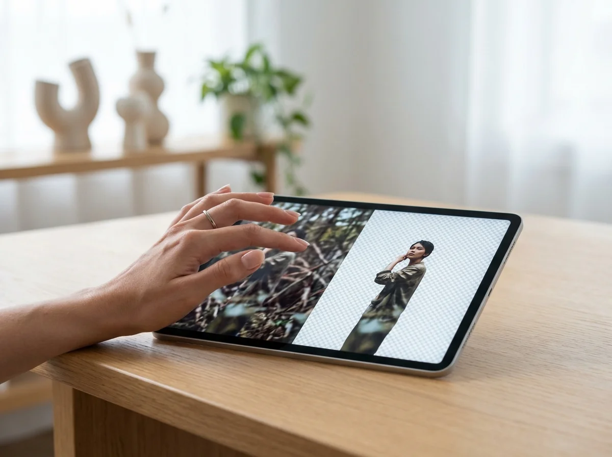 A person's hand interacts with a tablet displaying an image editing interface, showing a model being cut out from a natural b