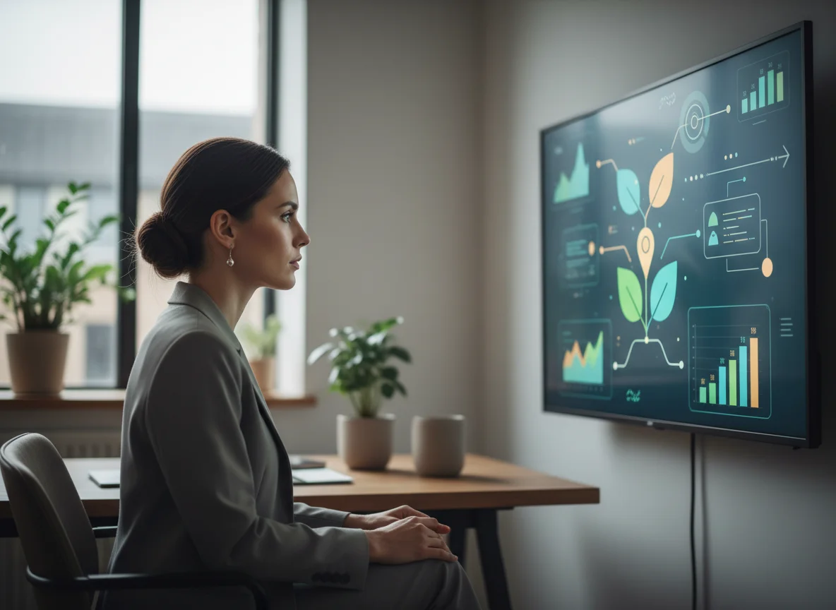 A focused woman in a grey suit sits at a desk, looking intently at a large screen displaying vibrant data visualizations.