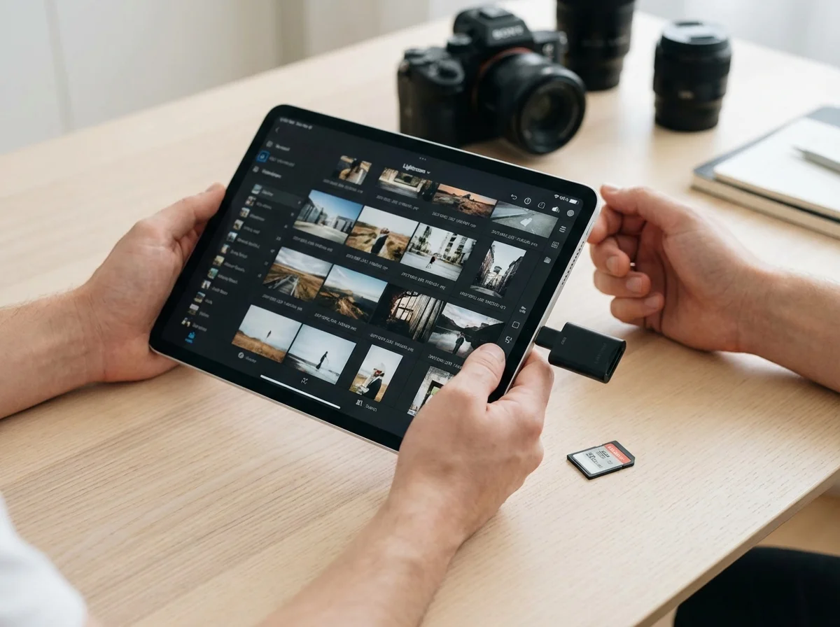 A person uses an iPad with a connected card reader to view photos, alongside camera gear on a desk.