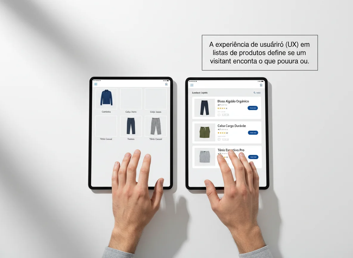 An overhead shot of two hands interacting with two tablets displaying different e-commerce product list layouts, with an expl
