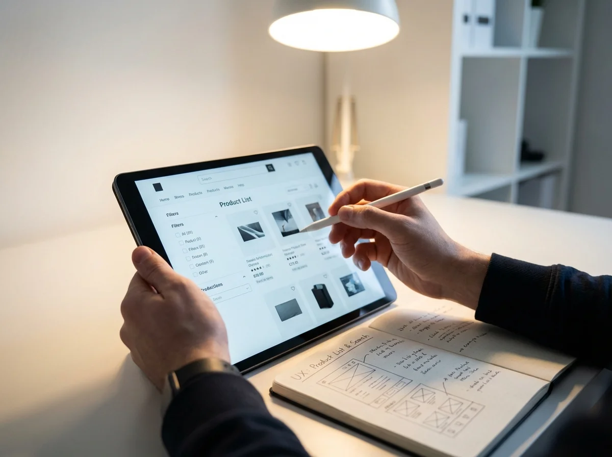 Person using a tablet with a stylus for design work, alongside a notebook with UX sketches.
