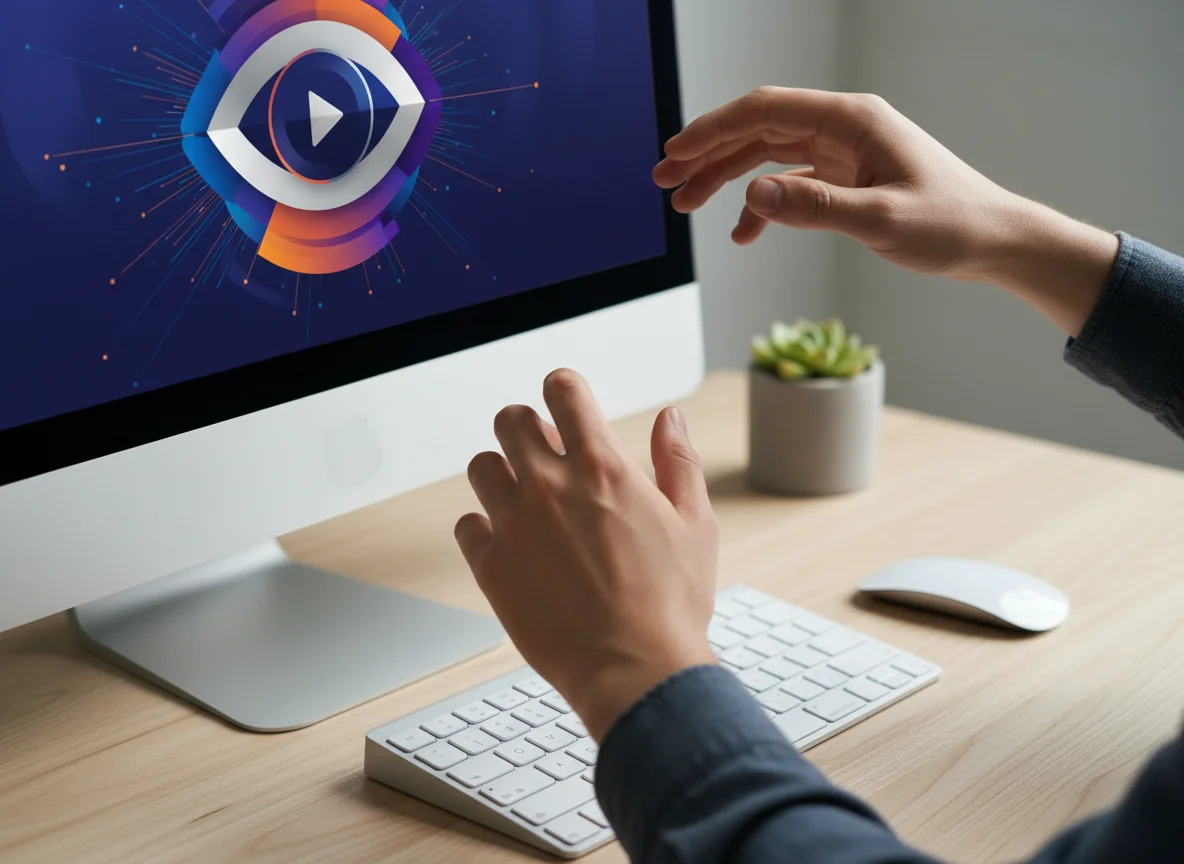 A person's hands are gesturing over a computer screen displaying an eye-shaped play button graphic on a desk.