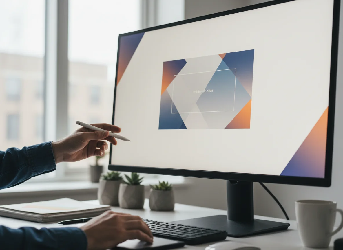 A person's hands are shown interacting with a computer monitor displaying a geometric design, surrounded by a modern workspac