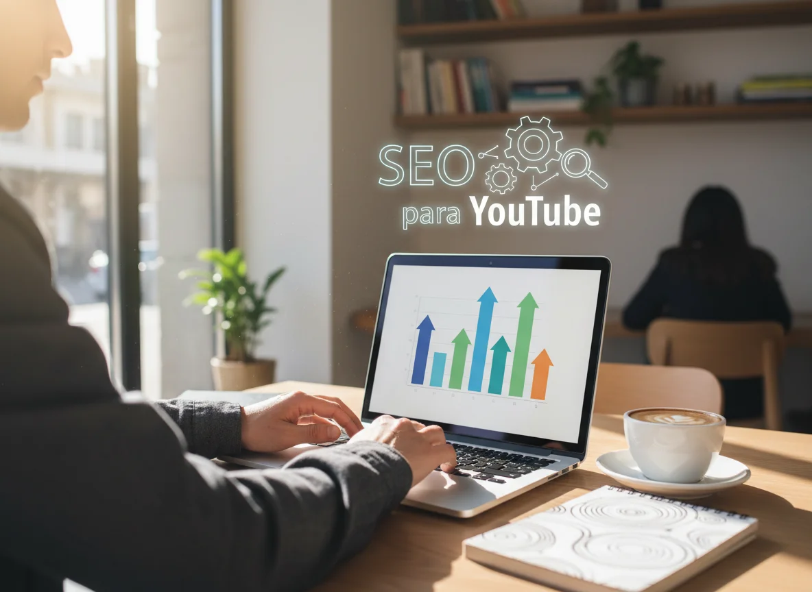 A person works on a laptop displaying a bar chart with an overlay of "SEO para YouTube" text, in a bright cafe setting.