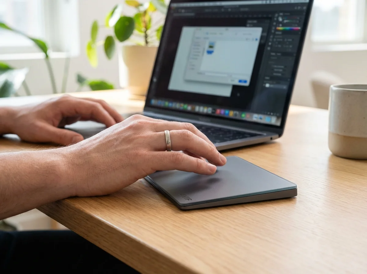 A person's hands are shown using a laptop and an external trackpad on a wooden desk.