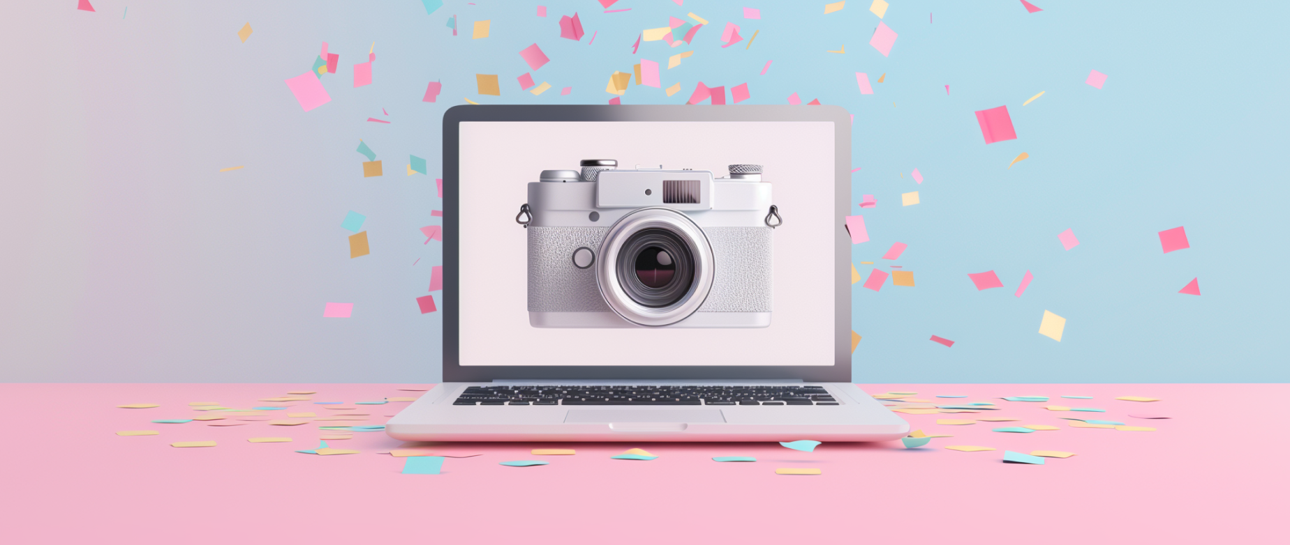 A laptop displays a vintage camera, surrounded by confetti on a pink and blue background.