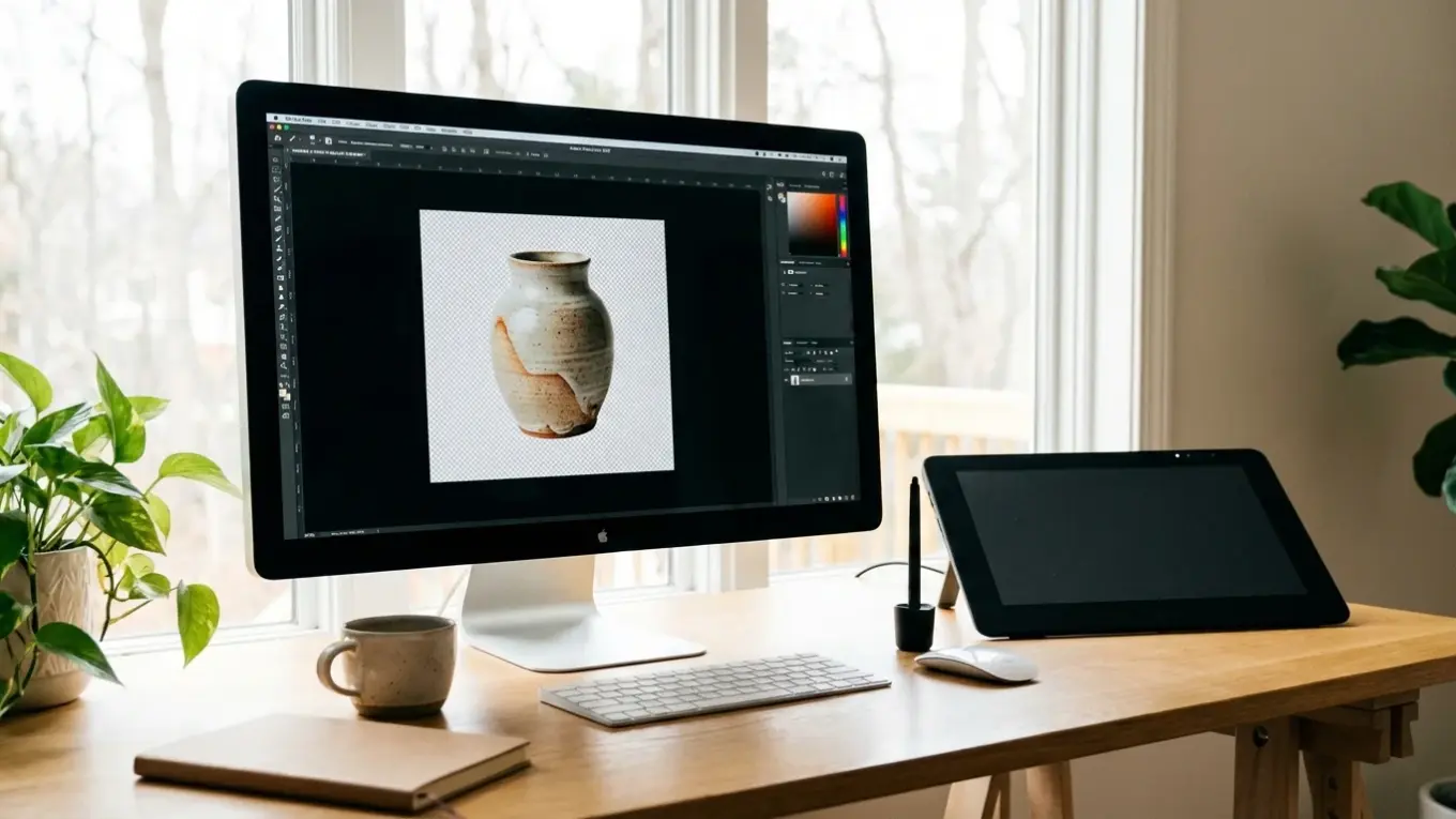 Monitor displaying photo editing software removing background from product image