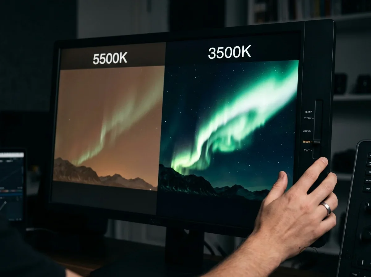 A hand adjusts a monitor's color temperature slider, comparing an Aurora Borealis image at 5500K (warm) and 3500K (cool)...