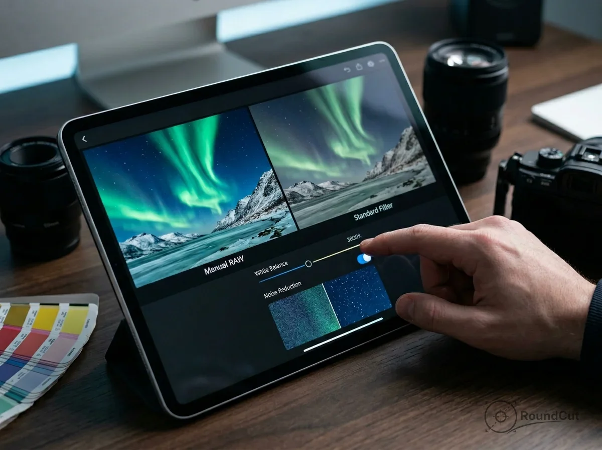 A person's hand adjusts white balance and noise reduction on an iPad, comparing manual RAW and standard filtered aurora...