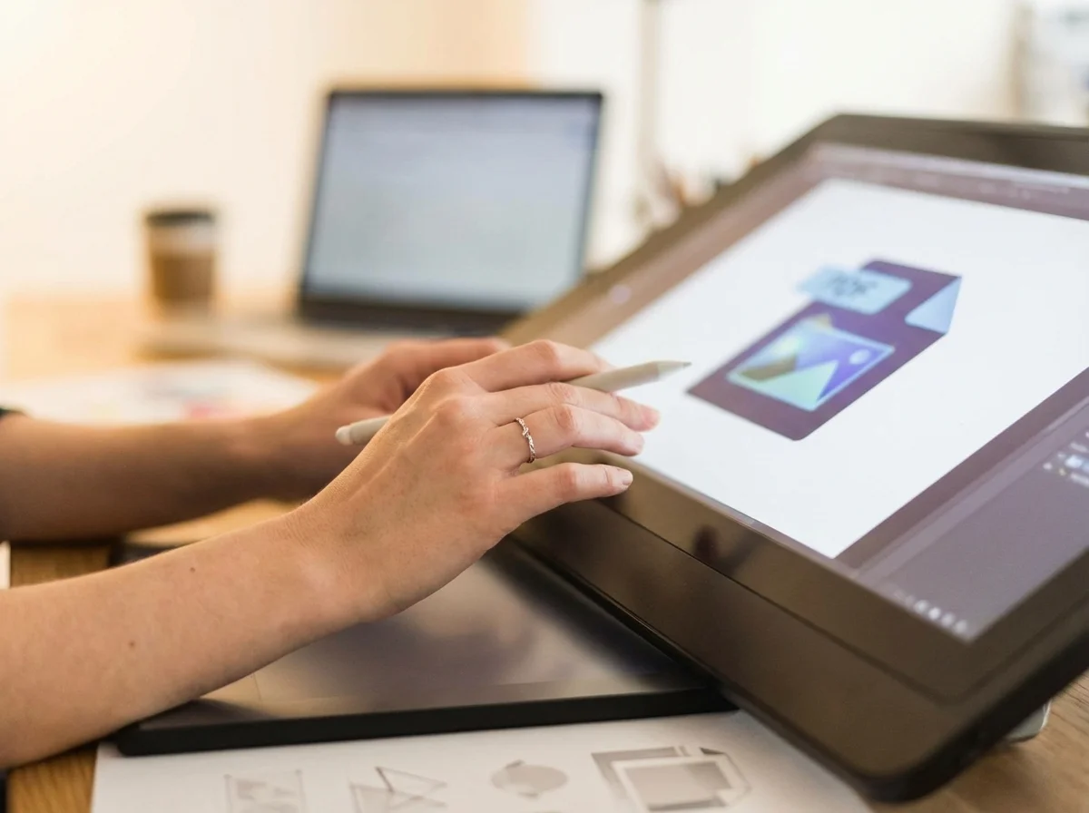 A person's hands use a stylus on a digital drawing tablet displaying a file icon, with a blurred laptop in the background.