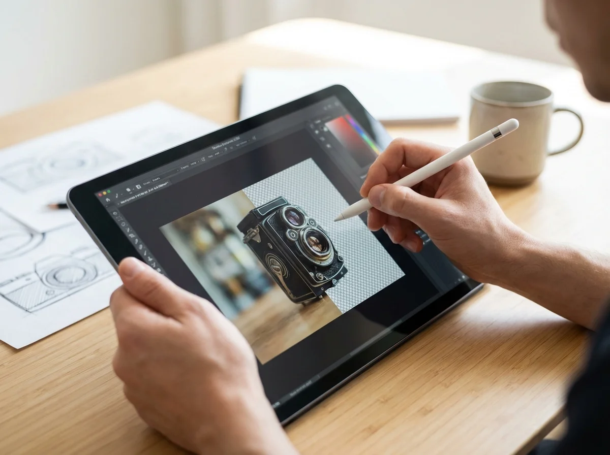 A person uses a stylus on a tablet to edit an image of a vintage camera on a wooden desk.