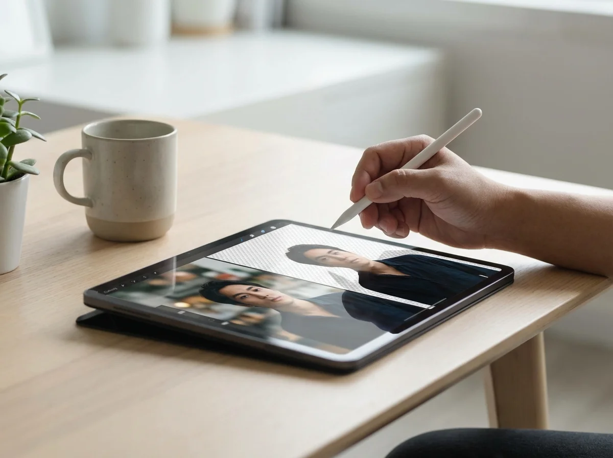 A person's hand uses a stylus on a tablet displaying a split image of a man, next to a mug and plant.