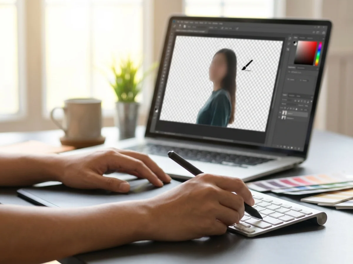 Hands use a graphics tablet and keyboard with a laptop displaying a photo editing software showing a person on a transparent