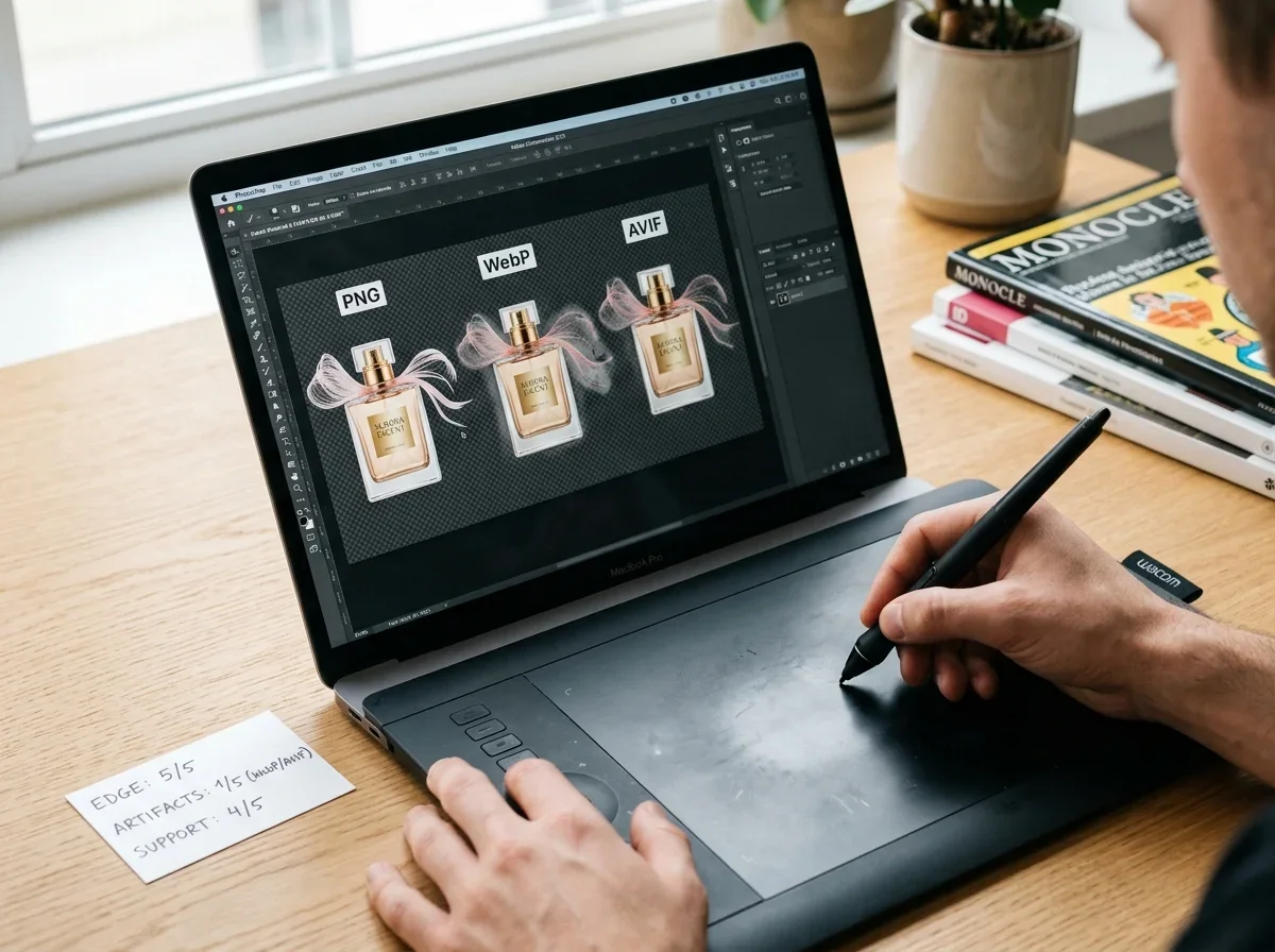 A person uses a Wacom tablet and a MacBook Pro to edit and compare perfume bottle images in PNG, WebP, and AVIF formats...