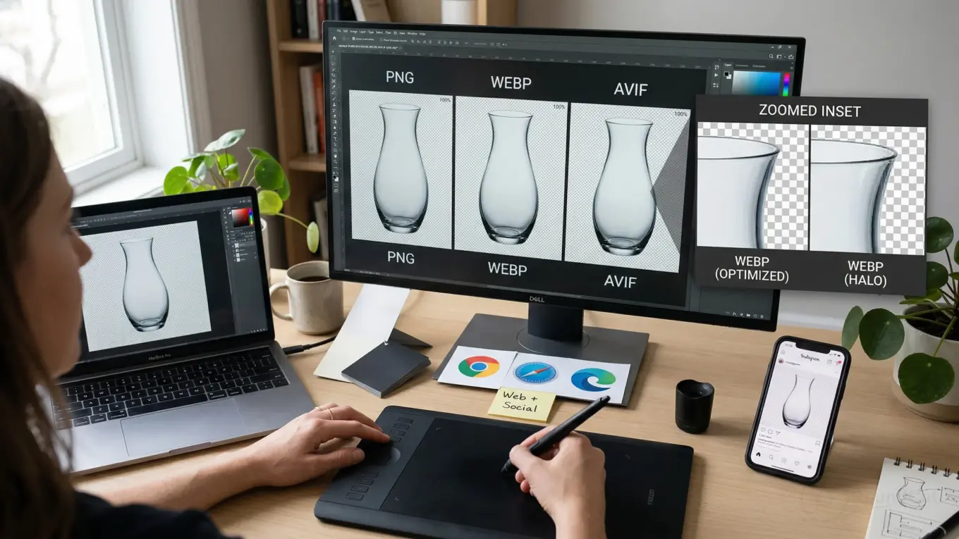 A graphic designer compares PNG, WebP, and AVIF image formats of a vase on a monitor, preparing optimized graphics for