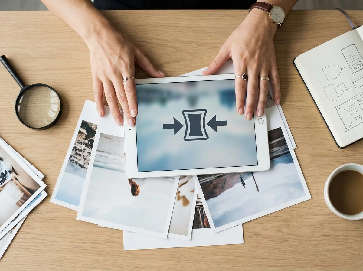 An overhead flat lay shows hands holding a tablet with a compression icon, surrounded by printed photos, a notebook, and a co