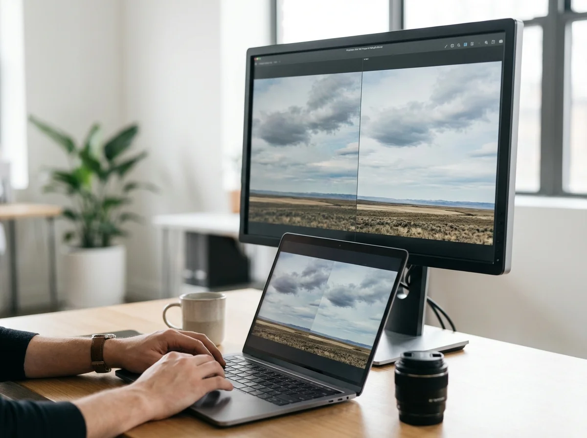 A person uses a laptop connected to an external monitor, both displaying a landscape photo with clouds.