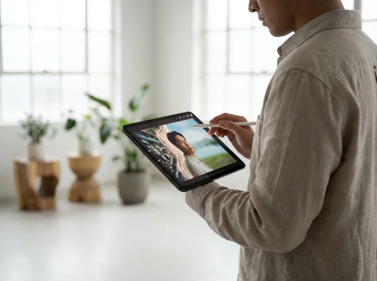 A man in a beige shirt uses a stylus to edit a portrait on a tablet in a well-lit modern room.