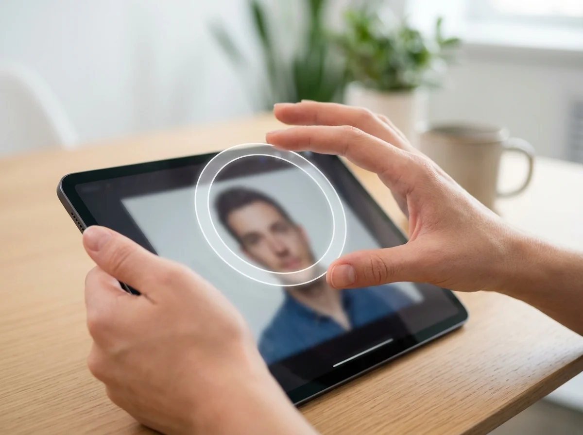 Hands hold a tablet displaying a blurred face with a prominent white oval graphic, on a wooden table.