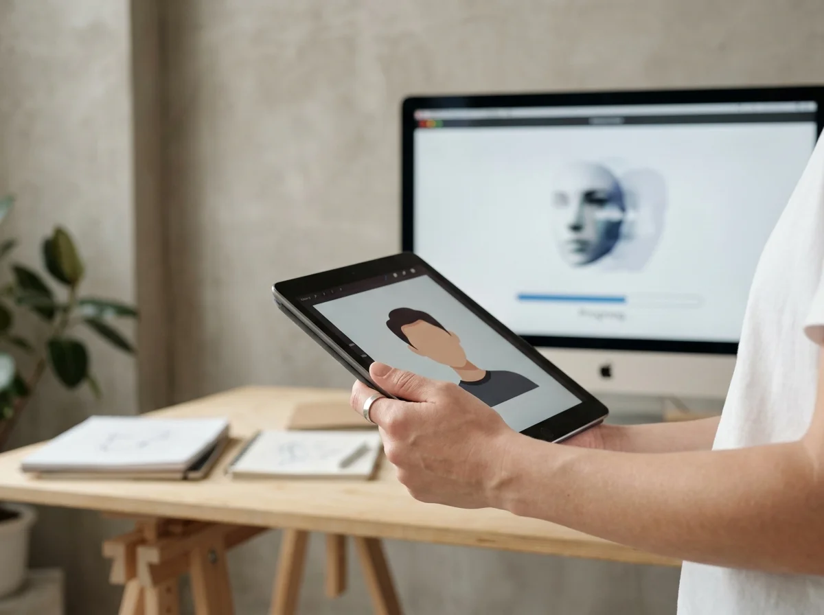 A person holds a tablet displaying an avatar while a computer monitor shows a blurred face rendering.