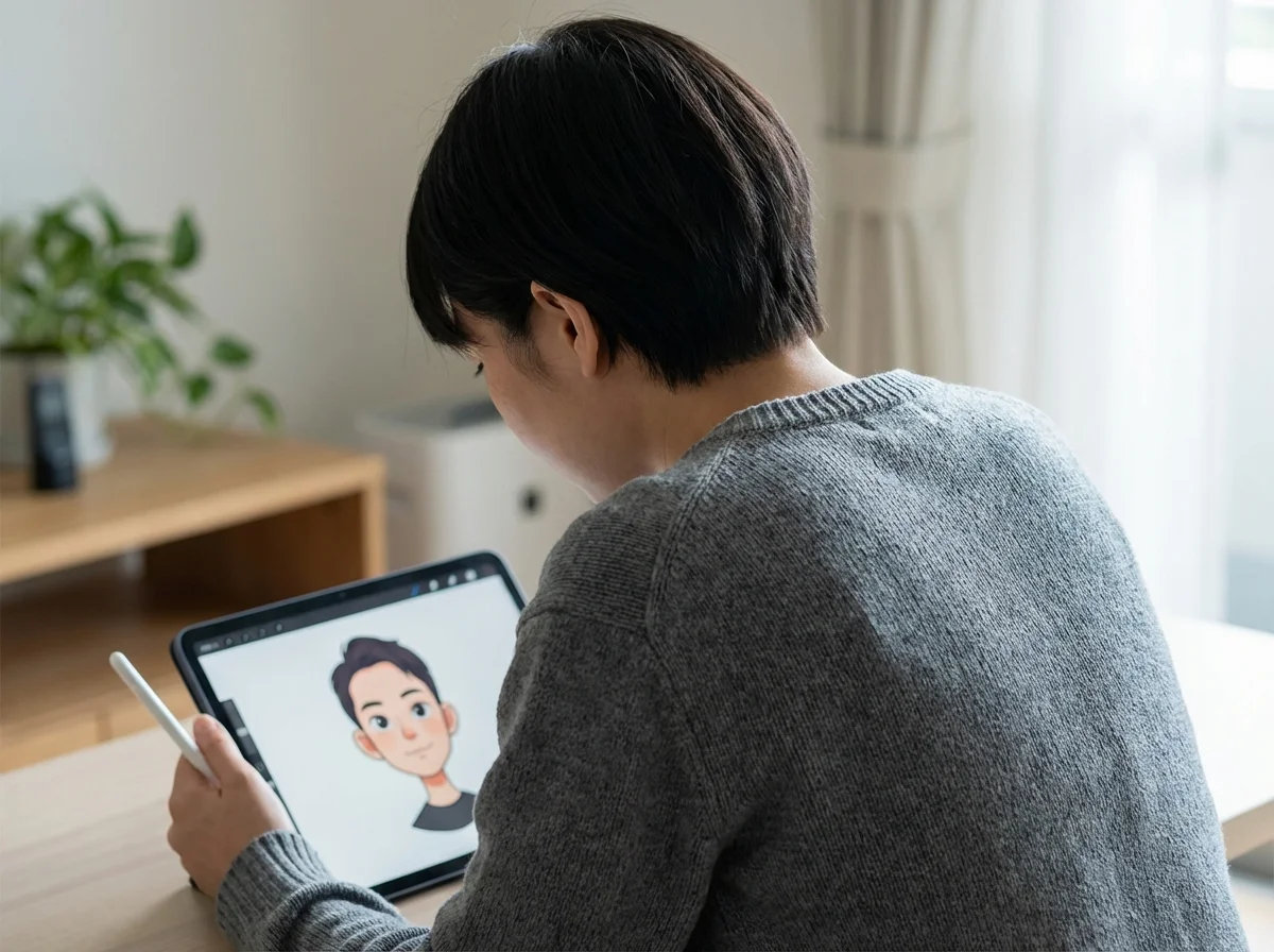A person seen from behind is intently drawing a cartoon character on a digital tablet with a stylus.