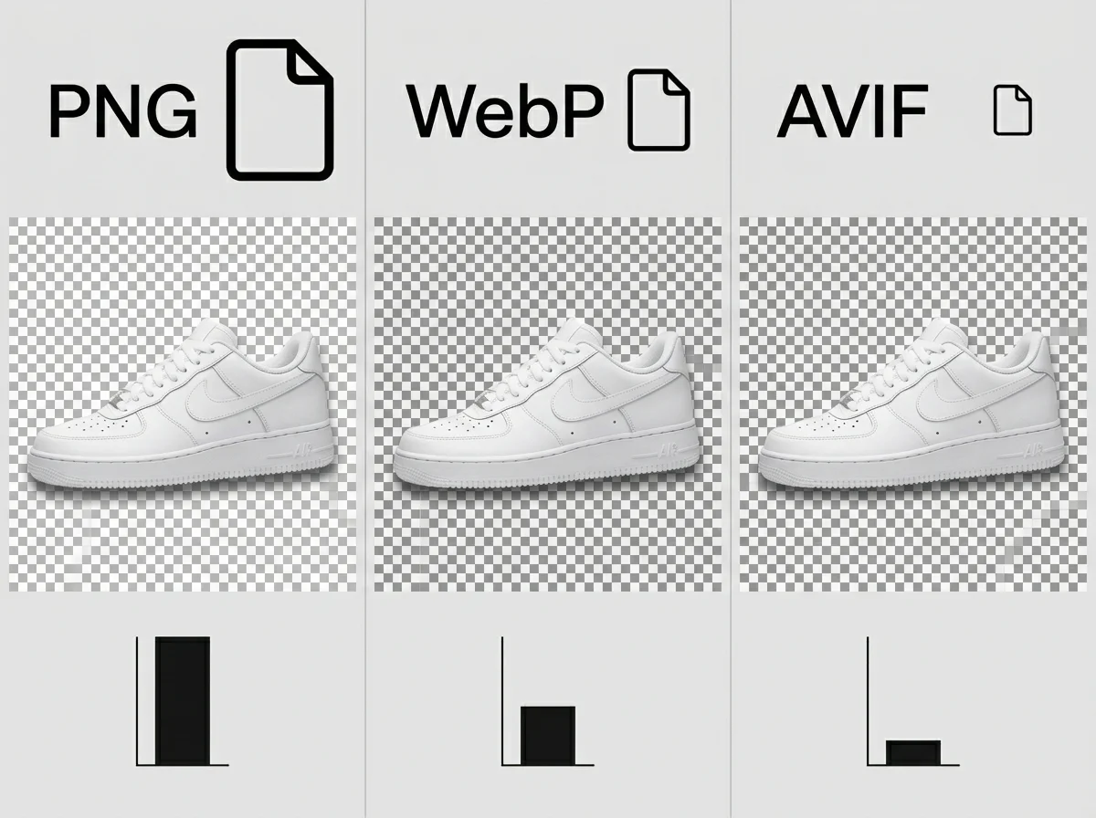Comparação lado a lado de PNG, WebP e AVIF mostrando tênis branco em fundo transparente com gráficos de tamanho de arquivo