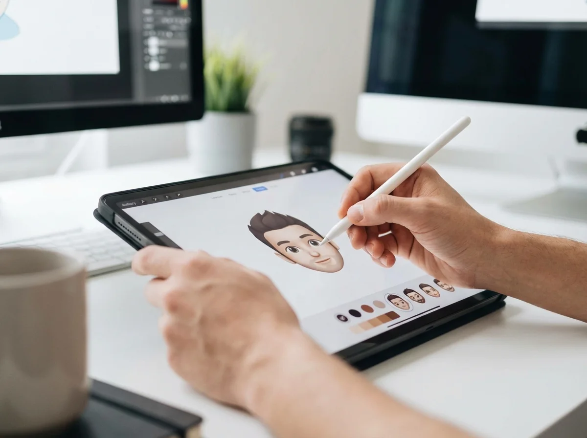 A person uses an Apple Pencil on an iPad to design a cartoon avatar, with monitors in the background.