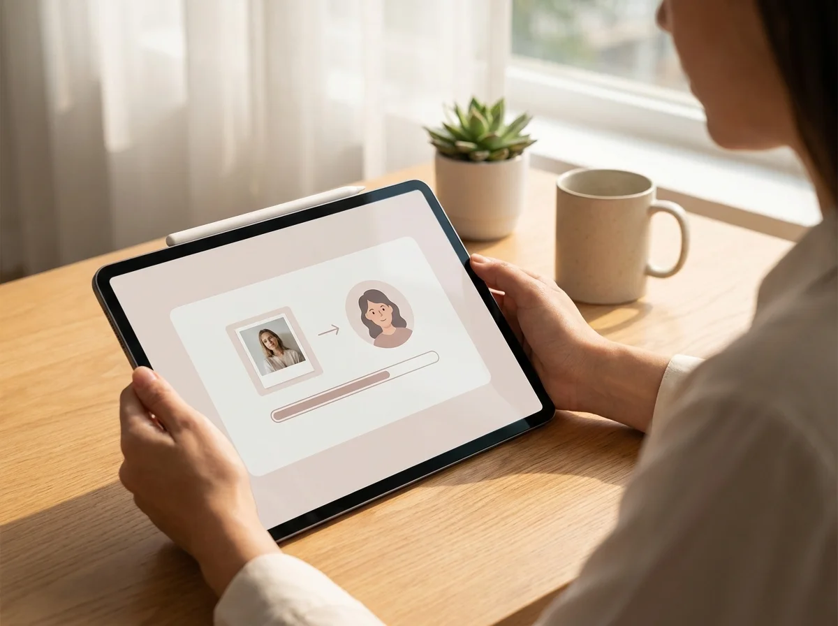 A person holds a tablet displaying an image processing interface, with a plant and mug on a wooden table.