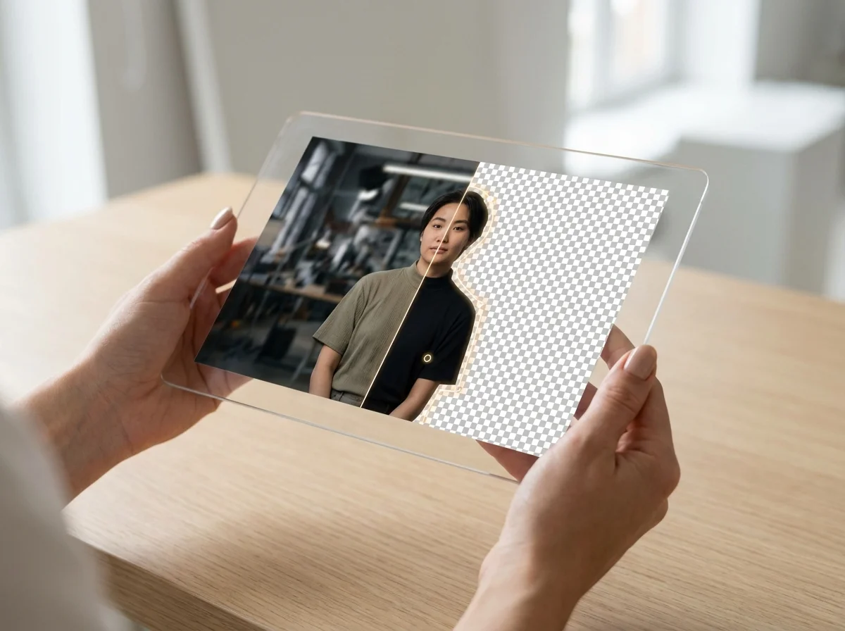 Hands hold a transparent tablet showing a woman's portrait with a split view of original and removed background.