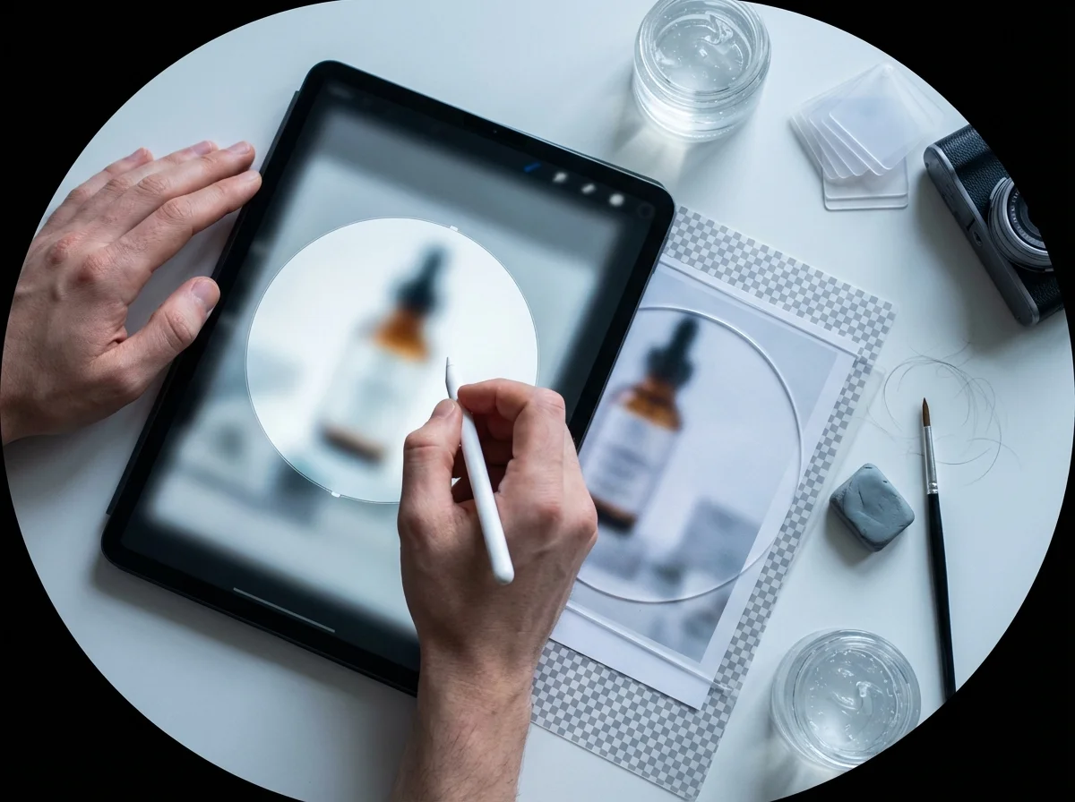 Overhead view of hands editing a product image of a dropper bottle on a tablet with a stylus, surrounded by creative tools.