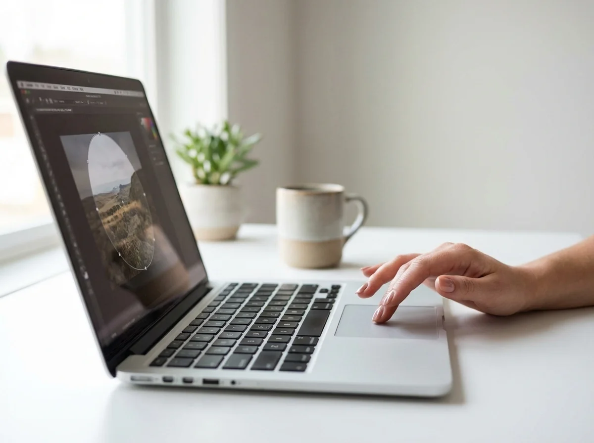 A person's hand uses a laptop trackpad to edit a photo in editing software, with a plant and mug in the background.