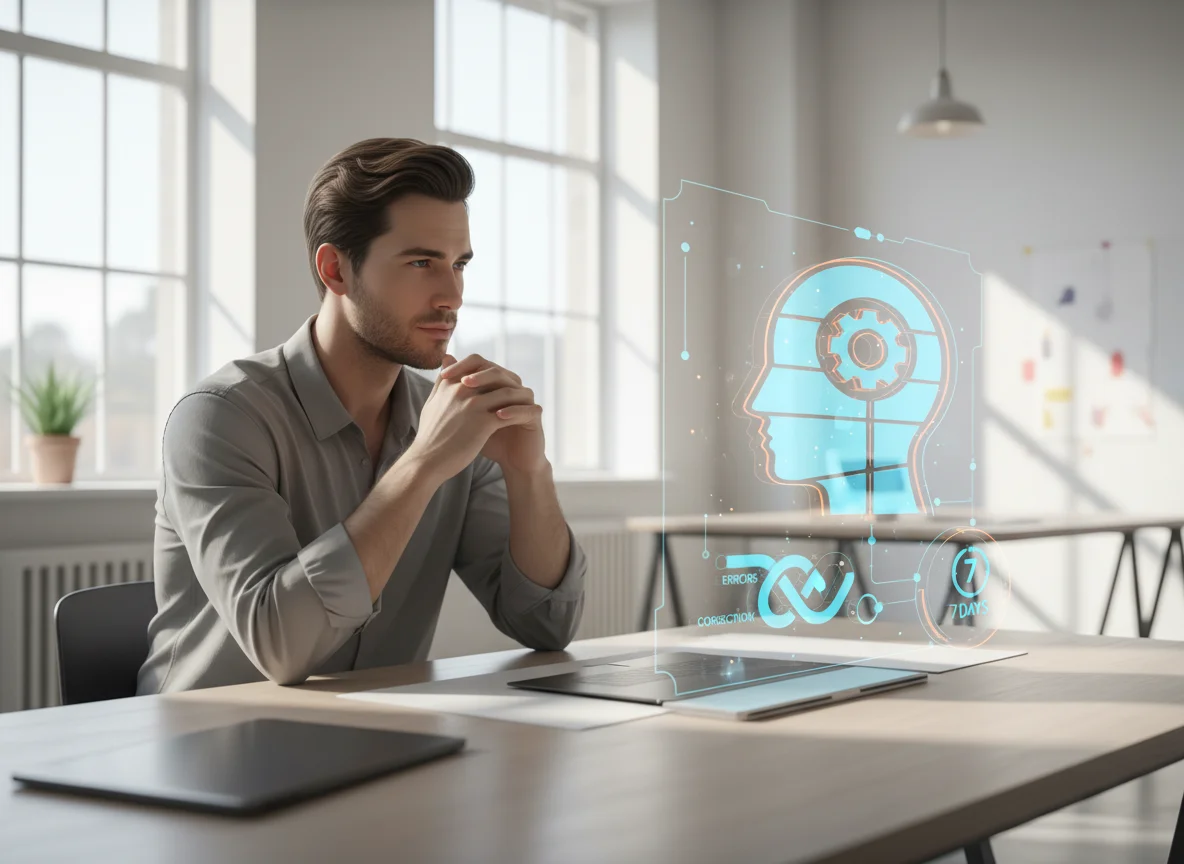 A man in an office looking at a futuristic holographic display with a human head and gear graphic.