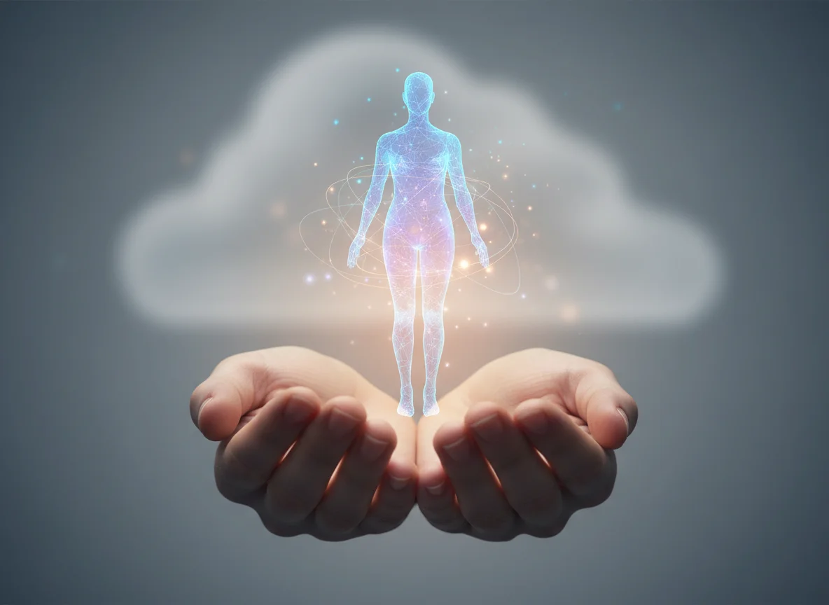 Two cupped hands hold a glowing, digital human figure under a soft cloud, symbolizing health tech or digital wellness.