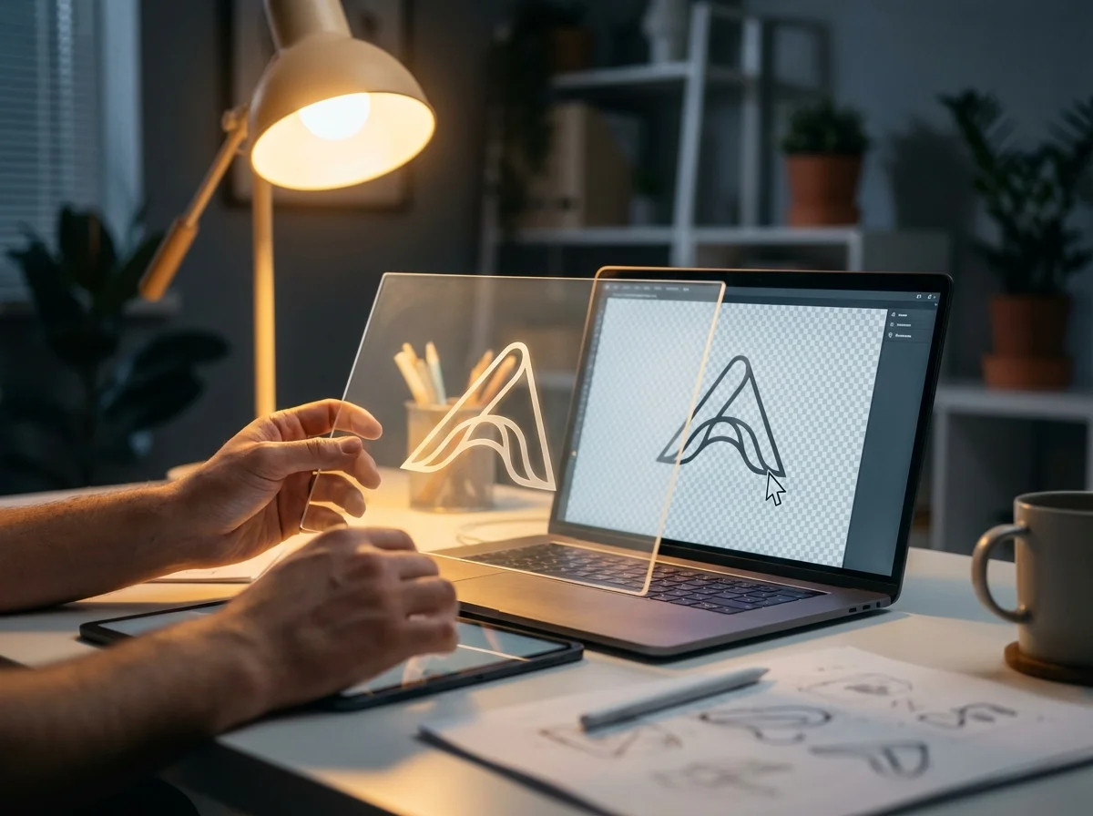 A person is designing a logo, holding a transparent display that shows the design next to a laptop displaying it.