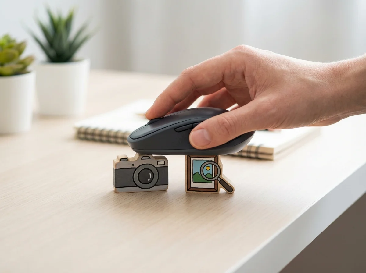 A hand holds a computer mouse above wooden icons depicting a camera and image search on a light desk.