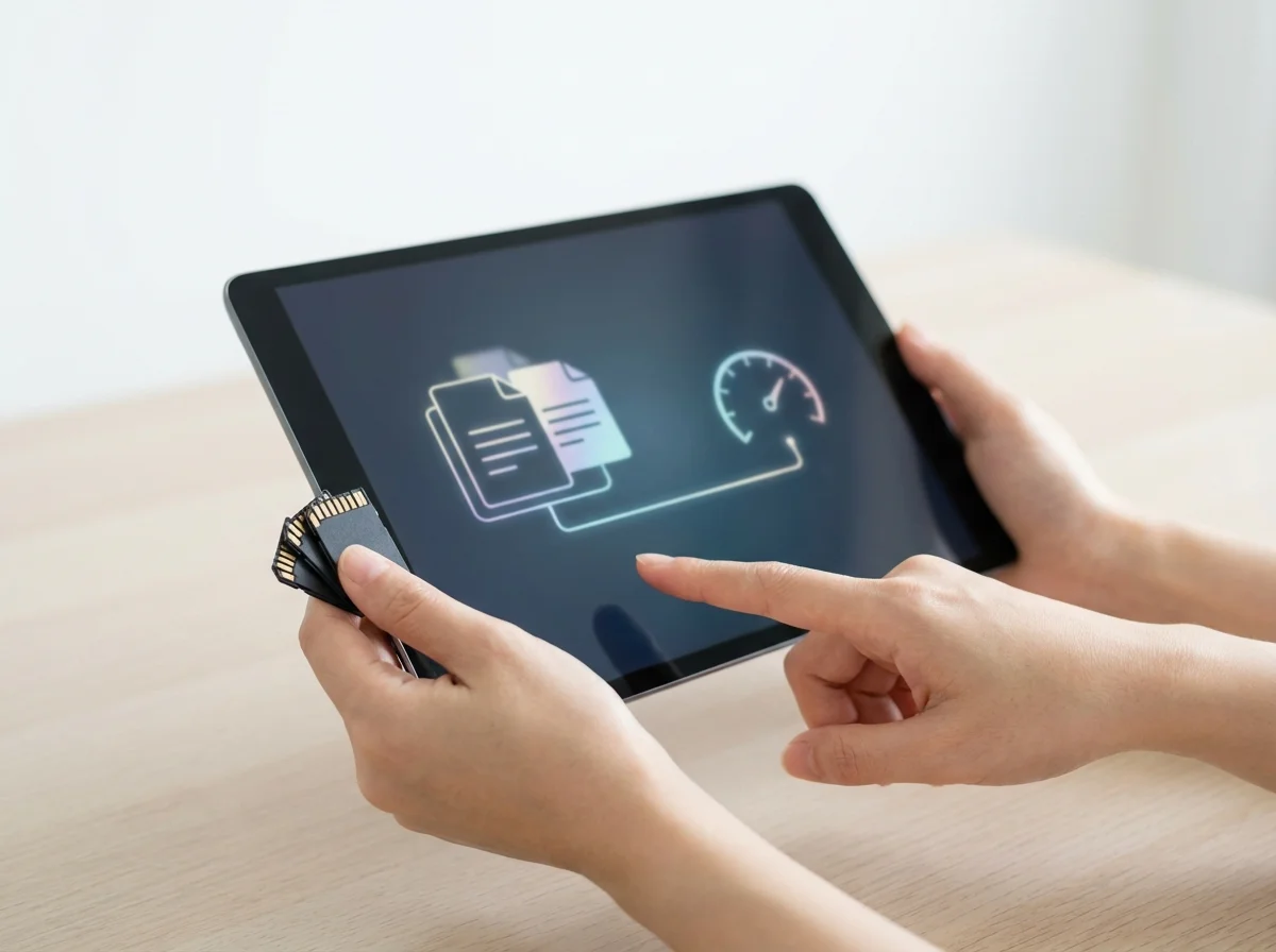 Hands hold a tablet displaying data transfer icons, alongside multiple SD cards.