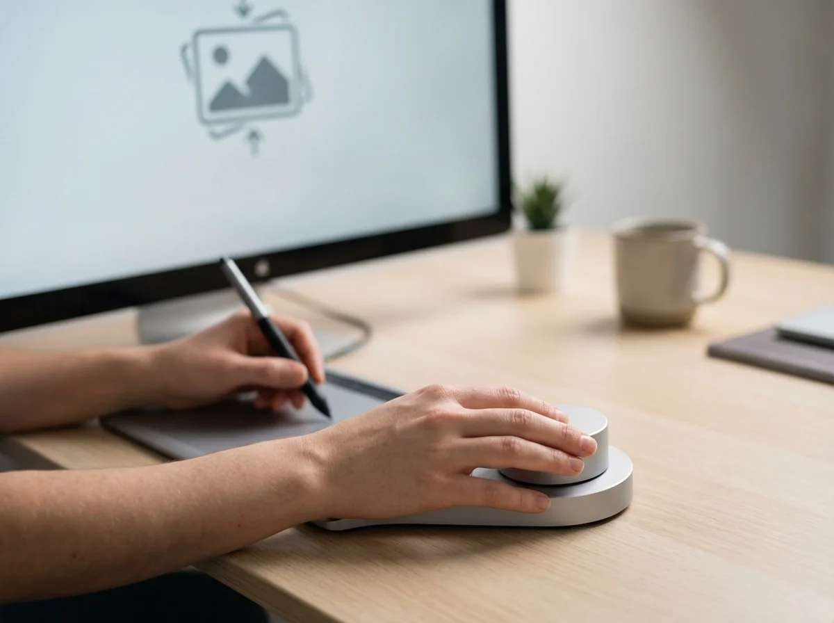 A person's hands are shown using a digital pen on a drawing tablet and a creative dial controller, with a computer monitor di