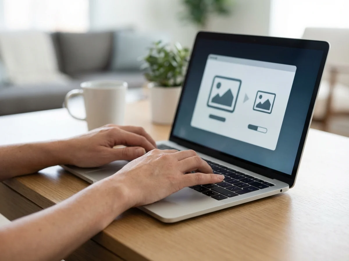 Close-up of hands typing on a laptop displaying an image conversion interface on a wooden desk.
