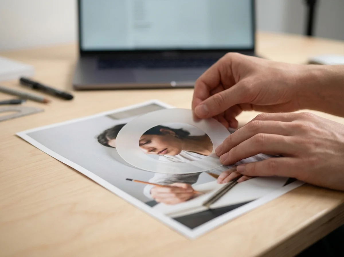 Mãos seguram um recorte circular sobre uma foto impressa em uma mesa de trabalho.