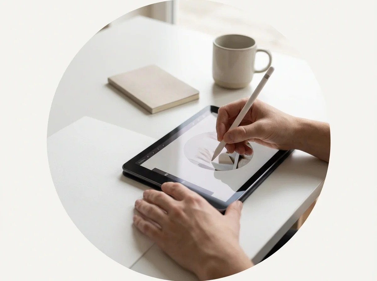 Pessoa usa uma caneta digital em um tablet preto ao lado de um caderno e uma caneca sobre a mesa.