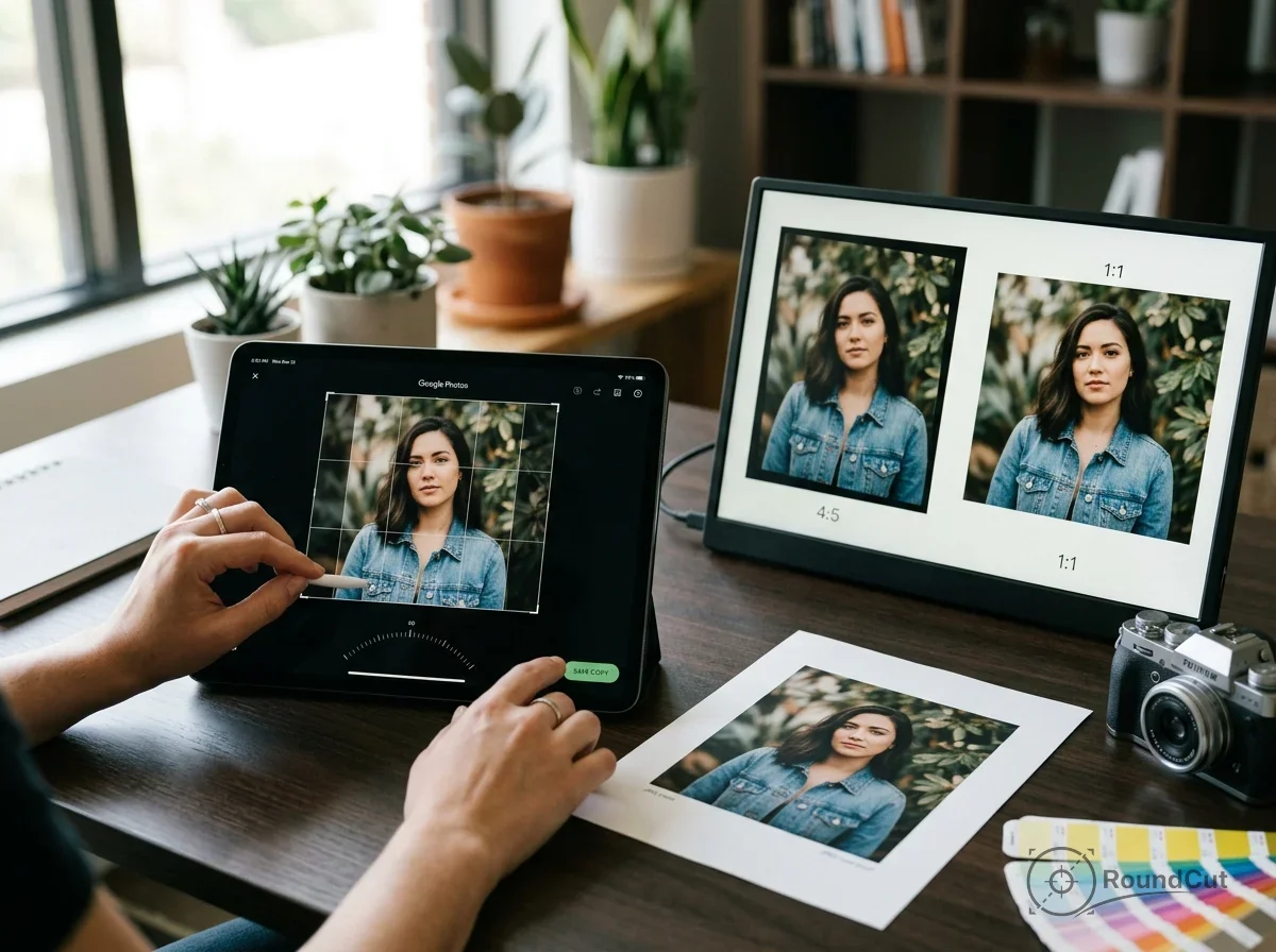 A person uses a tablet to crop a photo of a woman in Google Photos, with the image also displayed on a digital frame and...