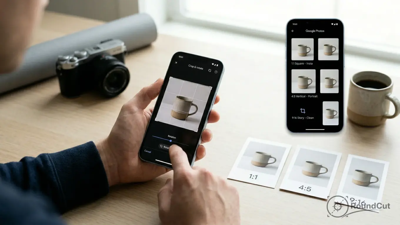 A person edits a mug photo on a smartphone using Google Photos' crop and rotate features, comparing various aspect ratios...