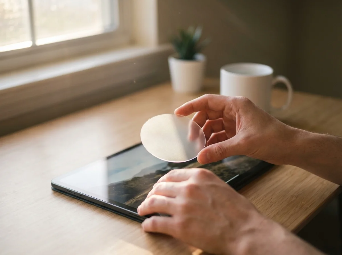 Hands hold a translucent disc over a tablet displaying a landscape image on a wooden desk.