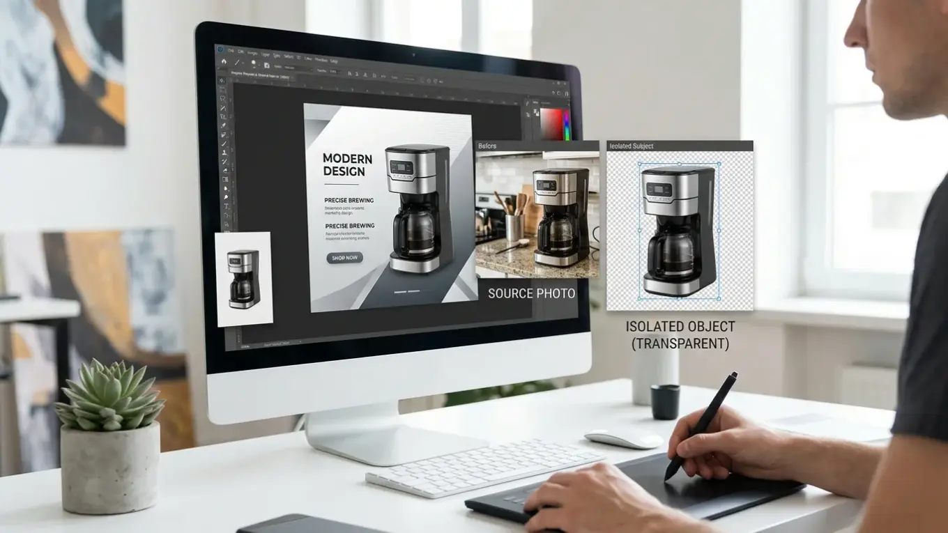 A graphic designer digitally edits a product photo, isolating it from background to transparent checkerboard