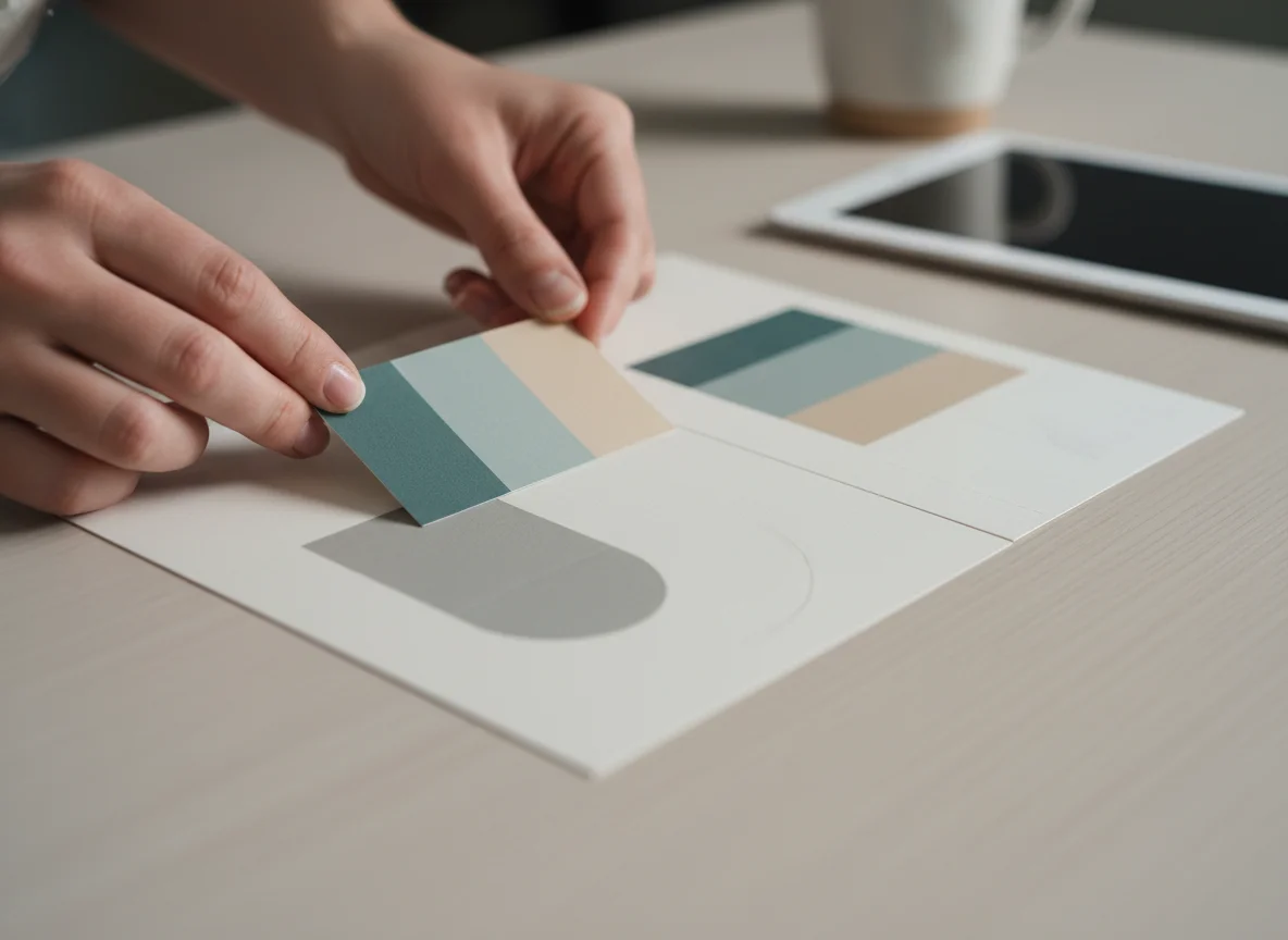 A person's hands are holding a color palette card with teal, light blue, and beige swatches over a design layout.