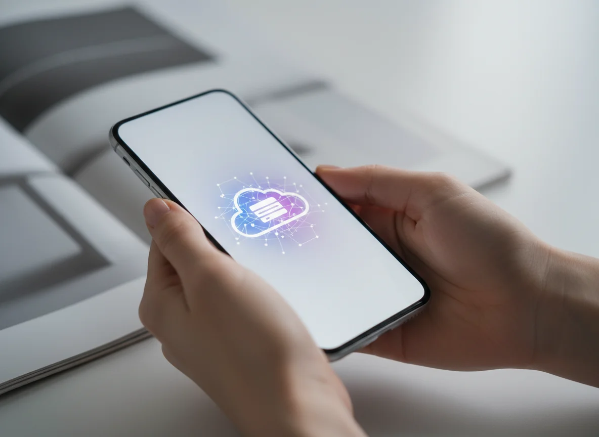 Hands hold a smartphone displaying a colorful cloud storage icon against a blurred white and grey background.