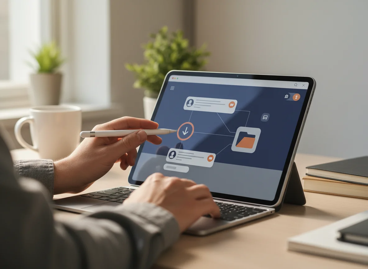 A person works on a tablet connected to a keyboard, using a stylus to interact with the screen.