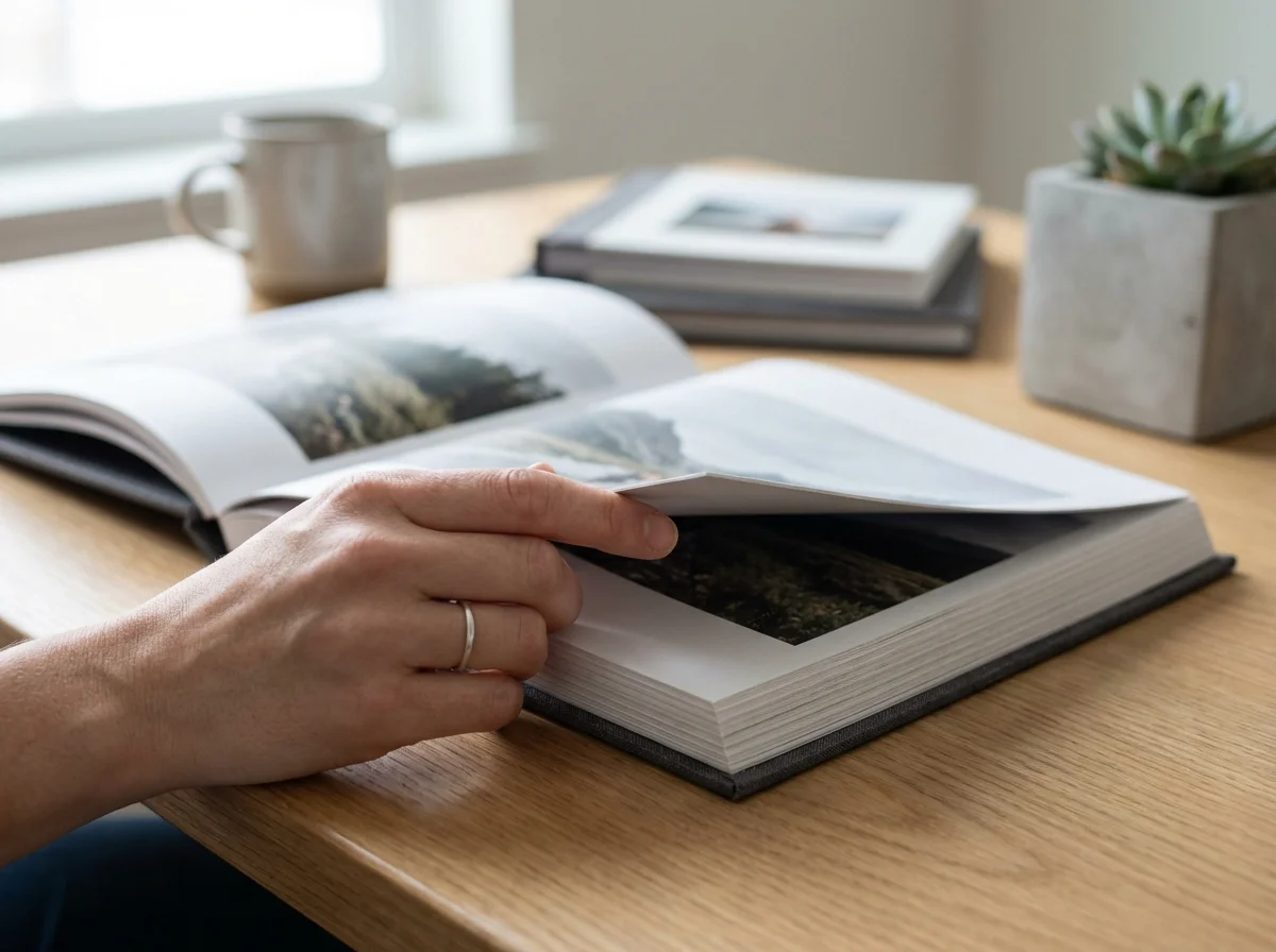 A person's hand with a silver ring turns a page of an open photo album on a wooden table.